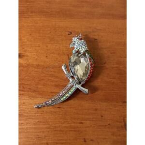 Crystal Parrot Silver Tone Brooch Multicolor Crystal Rhinestones Tropical Bird